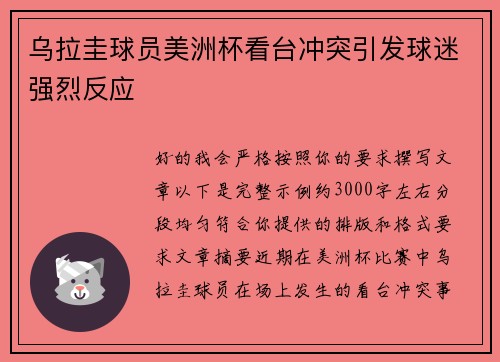 乌拉圭球员美洲杯看台冲突引发球迷强烈反应